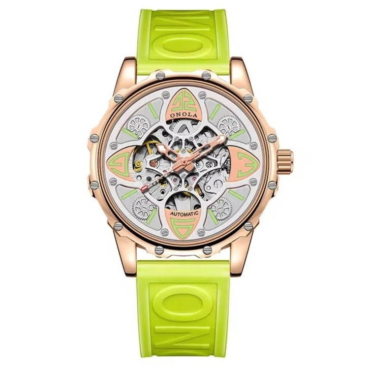 Ceas Automat Skeleton ONOLA 3833 – Eleganta Exclusivista | Rose Gold & Silicon Verde+Cutie cadou