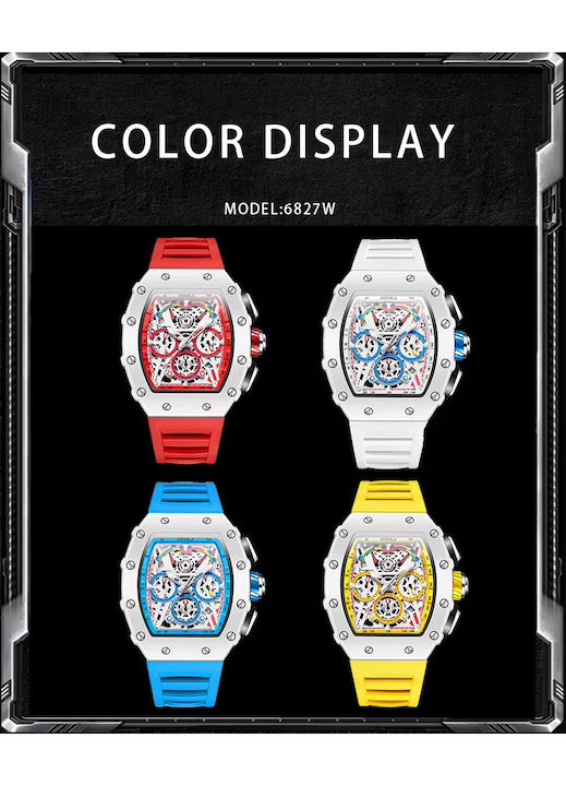 Ceas Barbati ONOLA 6827W, Luxury Sport, Cadran Skeleton Tonneau, Quartz, Curea Silicon Premium, Afisaj Zi/Data, Galben+Cutie cadou