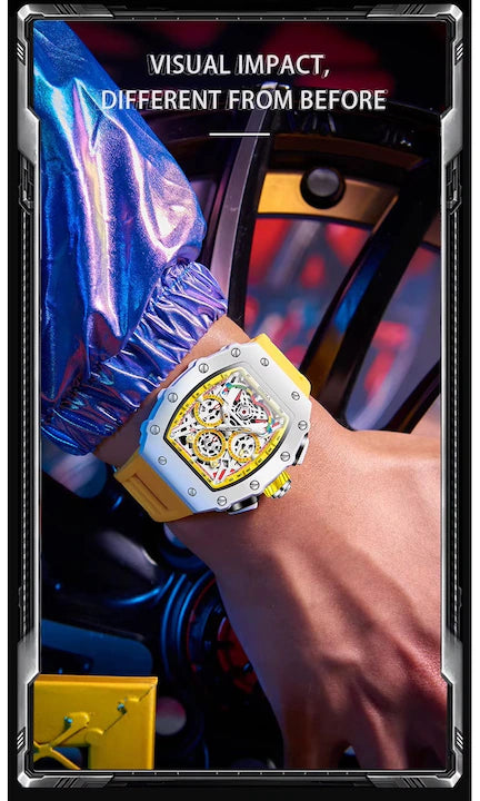 Ceas Barbati ONOLA 6827W, Luxury Sport, Cadran Skeleton Tonneau, Quartz, Curea Silicon Premium, Afisaj Zi/Data, Alb+Cutie cadou