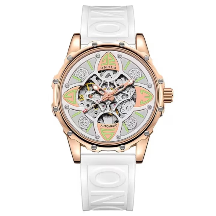Ceas Automat Skeleton ONOLA 3833 – Eleganta Exclusivista | Rose Gold & Silicon Alb+Cutie cadou
