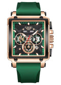 Ceas Barbatesc LIGE 2025 Square Chronograph Verde – Cadran Dreptunghiular, Zi/Data, Curea Silicon, Stil Sport‑Elegant + cutie cadou
