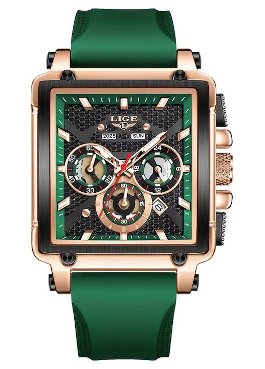 Ceas Barbatesc LIGE 2025 Square Chronograph Verde – Cadran Dreptunghiular, Zi/Data, Curea Silicon, Stil Sport‑Elegant + cutie cadou