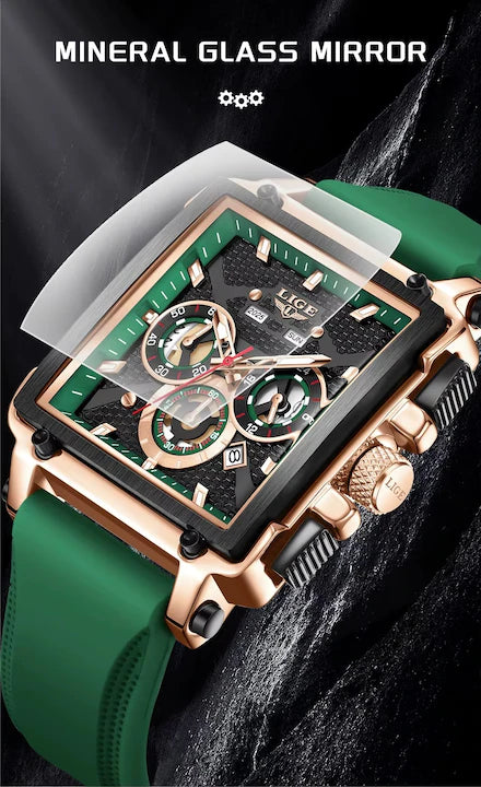Ceas Barbatesc LIGE 2025 Square Chronograph Verde – Cadran Dreptunghiular, Zi/Data, Curea Silicon, Stil Sport‑Elegant + cutie cadou