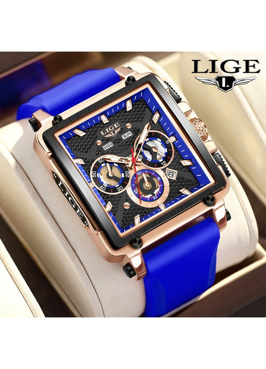 Ceas Barbatesc LIGE 2025 Square Chronograph Albastru – Cadran Dreptunghiular, Zi/Data, Curea Silicon, Stil Sport‑Elegant + cutie cadou