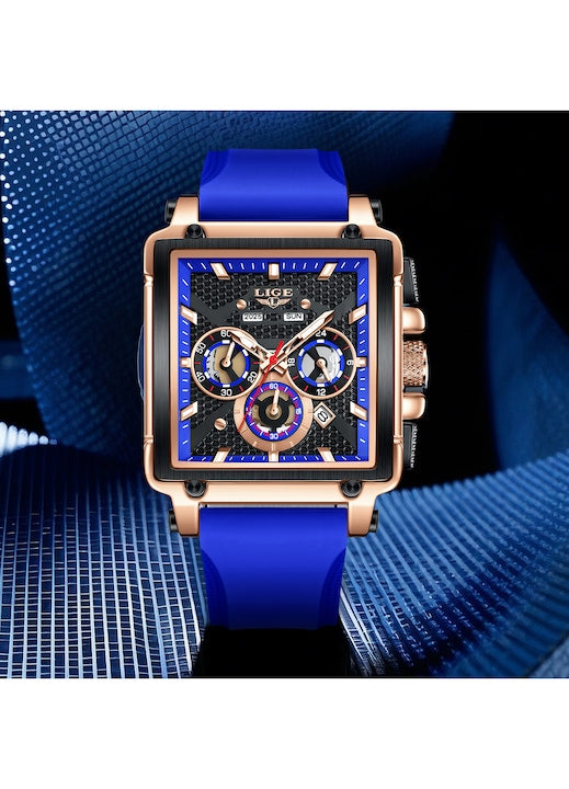 Ceas Barbatesc LIGE 2025 Square Chronograph Albastru – Cadran Dreptunghiular, Zi/Data, Curea Silicon, Stil Sport‑Elegant + cutie cadou