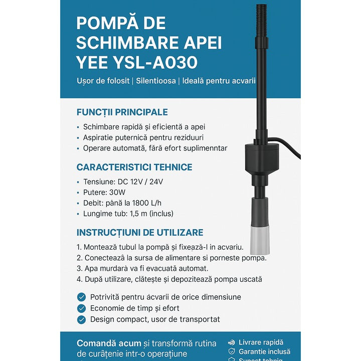 Pompa Submersibila YEE YSL‑A030 – 25W, 1500 L/h, Silentioasa, Compacta, Pentru Acvarii, Fantani si Hidroponie