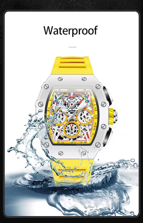 Ceas Barbati ONOLA 6827W, Luxury Sport, Cadran Skeleton Tonneau, Quartz, Curea Silicon Premium, Afisaj Zi/Data, Rosu+Cutie cadou