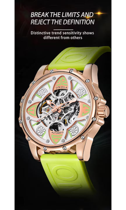 Ceas Automat Skeleton ONOLA 3833 – Eleganta Exclusivista | Rose Gold & Silicon Negru+Cutie cadou