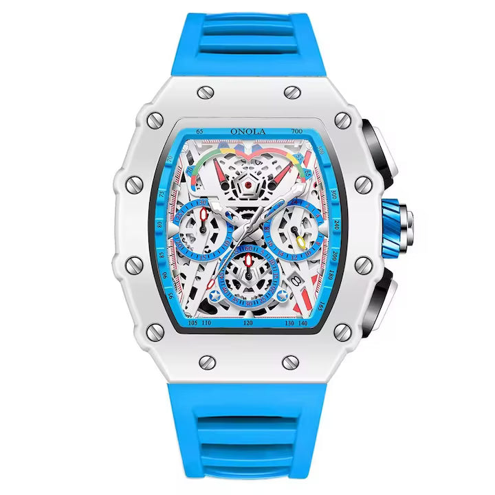 Ceas Barbati ONOLA 6827W, Luxury Sport, Cadran Skeleton Tonneau, Quartz, Curea Silicon Premium, Afisaj Zi/Data, Albastru+Cutie cadou
