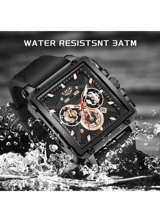 Ceas Barbatesc LIGE 2025 Square Chronograph Negru – Cadran Dreptunghiular, Zi/Data, Curea Silicon, Stil Sport‑Elegant + cutie cadou