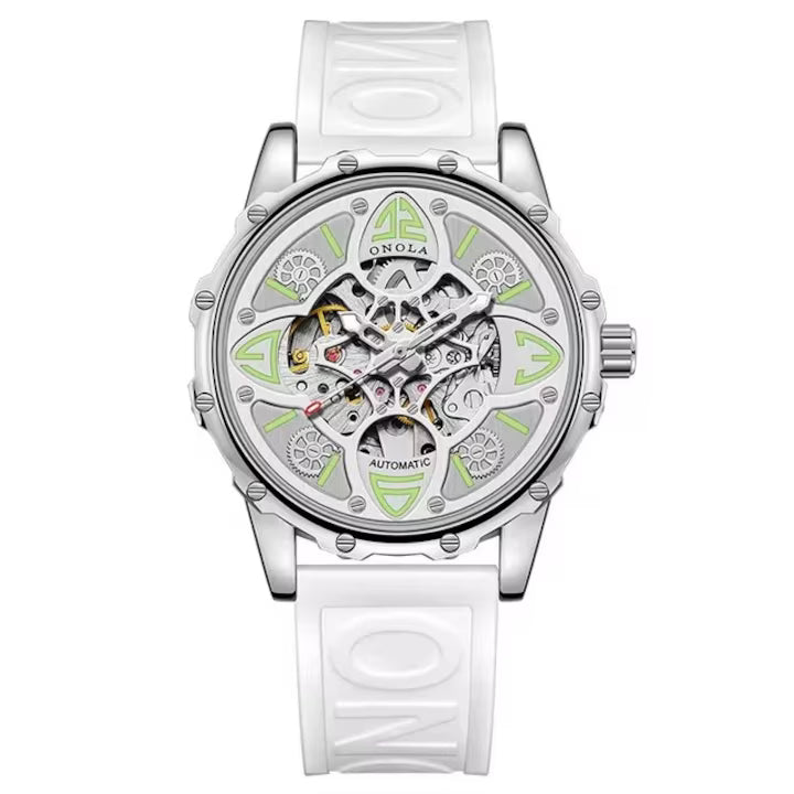Ceas Automat Skeleton ONOLA 3833 – Eleganta Exclusivista | Argintiu & Silicon Alb+Cutie cadou