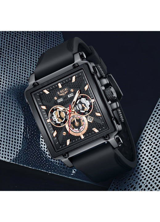 Ceas Barbatesc LIGE 2025 Square Chronograph Negru – Cadran Dreptunghiular, Zi/Data, Curea Silicon, Stil Sport‑Elegant + cutie cadou