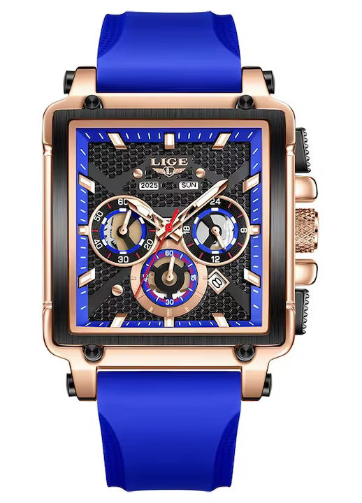 Ceas Barbatesc LIGE 2025 Square Chronograph Albastru – Cadran Dreptunghiular, Zi/Data, Curea Silicon, Stil Sport‑Elegant + cutie cadou