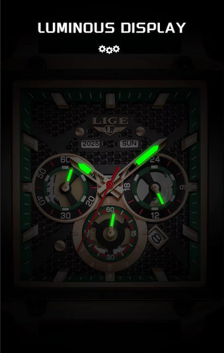 Ceas Barbatesc LIGE 2025 Square Chronograph Verde – Cadran Dreptunghiular, Zi/Data, Curea Silicon, Stil Sport‑Elegant + cutie cadou